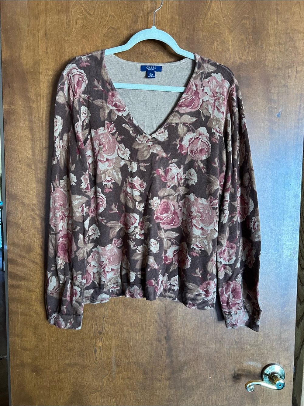Chaps Brown Floral V-Neck Sweater with Rose Accents